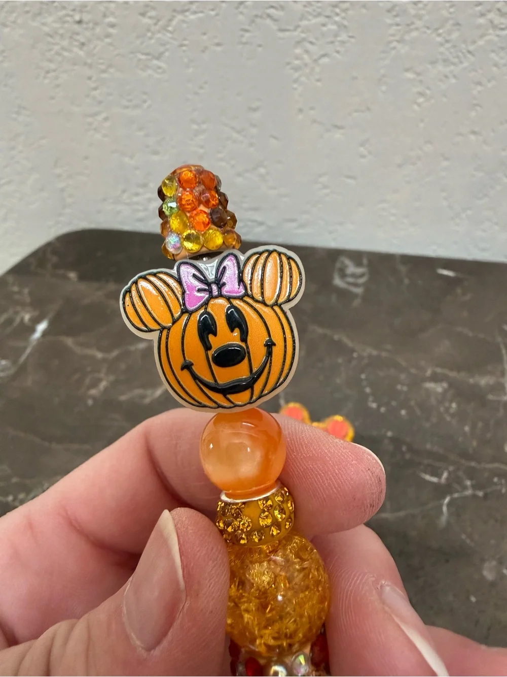 Mickey Halloween Pumpkin Glow Rhinestone Beaded Pen and Matching Badge Reel